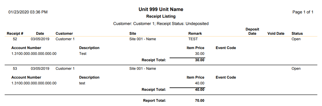 sample receipt listing report